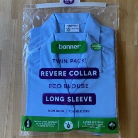 Girls Blue NON IRON long sleeve rever collar blouses TWINPACK